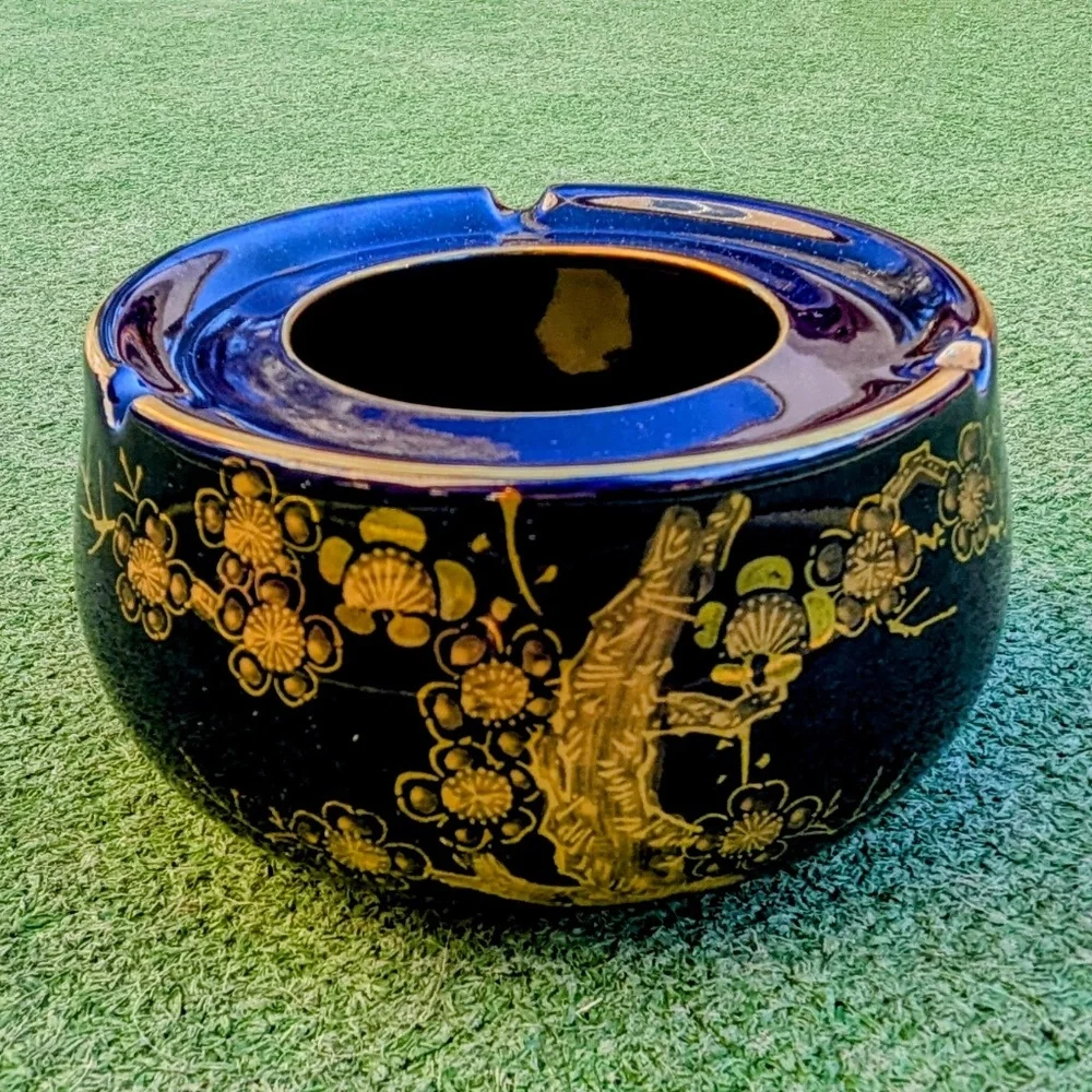 Vintage Cobalt Porcelain Gold Hand Painted Blossom Floral Ashtray Bowl/Vase NOS